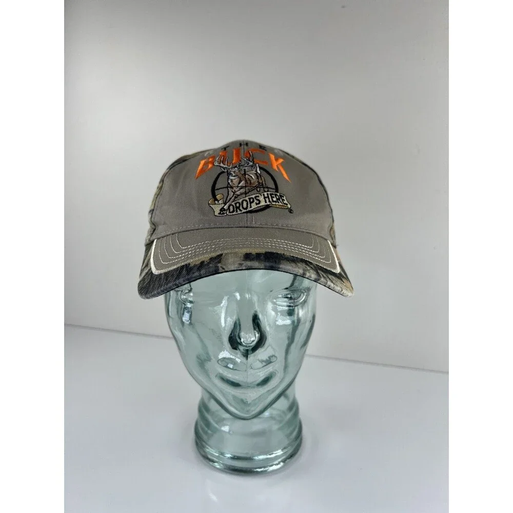 The Buck Drops Here Hunters Baseball Hat Ball Cap Camo Outdoors Man Embroidered